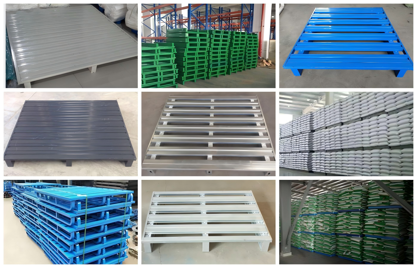 Multiple blue half-flat pallet trays stacked efficiently to save warehouse space