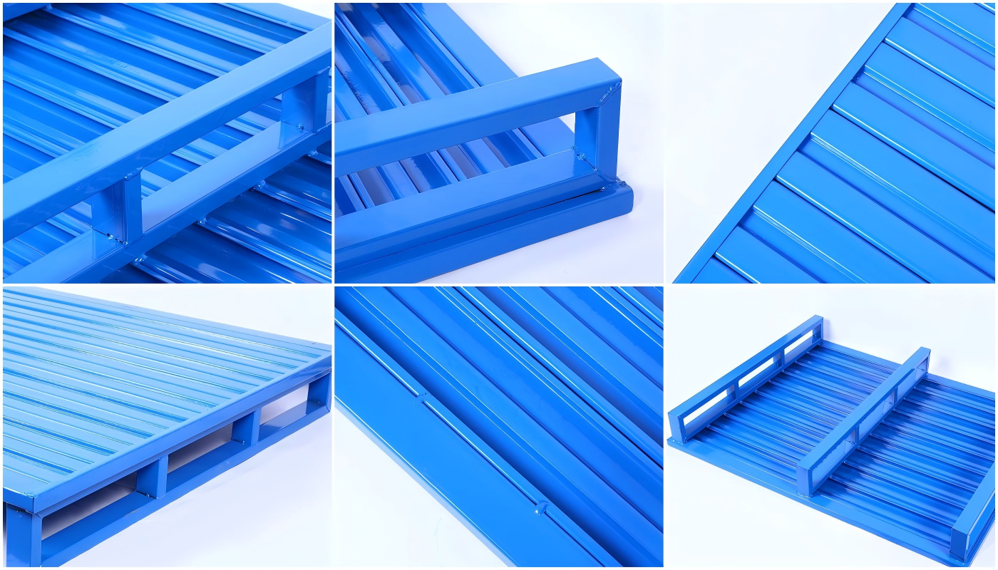 Side angle of the blue steel pallet demonstrating the four-way forklift entry design